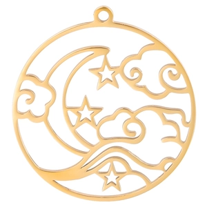 Polished gold stainless steel moon and star hollow circular pendant for DIY necklaces