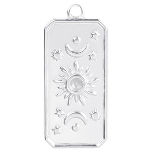 Pendentif rectangulaire en acier inoxydable avec relief céleste de soleil, lune et étoiles
