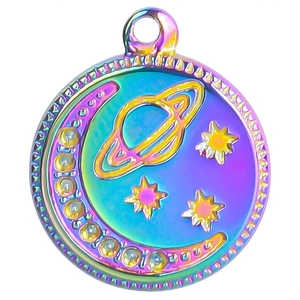 Rainbow stainless steel planet moon pendant charm with relief celestial elements for jewelry