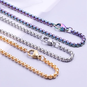 Minimalist 2.5mm stainless steel box chain necklaces in gold, silver, and rainbow colors