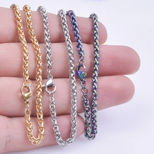 3mm stainless steel wheat chain necklaces in gold, silver, and rainbow finishes