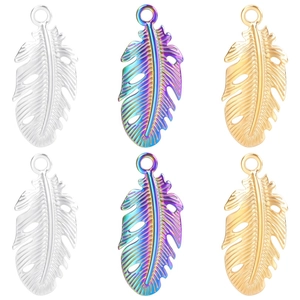 Collier Pendentif Feuille de Plume en Acier Inoxydable Bohème Multicolore Or Argent Bijoux de Plante Ajourée pour Femmes Hommes