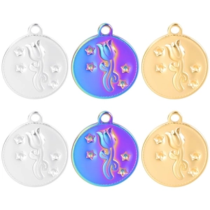 Collier Pendentif Rond en Acier Inoxydable Fleur de Tulipe Gaufrée pour Femme Vintage Motif Étoile Poli Miroir Or Arc-en-ciel Argent Bijoux