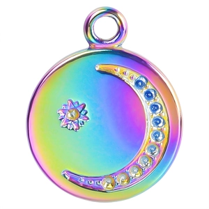 Colgante redondo arcoíris de acero inoxidable con diseño celeste de estrella y luna