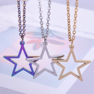 Polished 18k gold plated stainless steel hollow star pendant necklaces in three colors