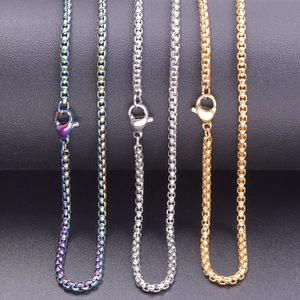 2.5mm stainless steel box chain necklace in iridescent, silver, and gold finishes