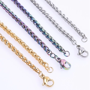 Detail of 3mm wheat chain necklaces in gold, silver and rainbow finish with lobster clasps
