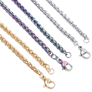 Golden, silver, and rainbow 3mm stainless steel spiga wheat chain necklaces with lobster clasp