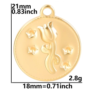 Pendentif tulipe en acier inoxydable doré poli avec relief et diamètre de 18 mm