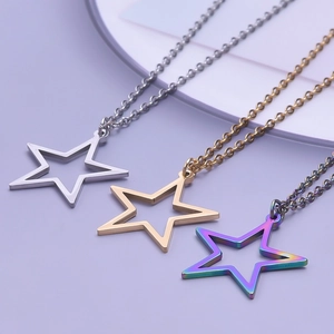 Polished stainless steel pentagram star necklaces in silver, gold, and rainbow finishes