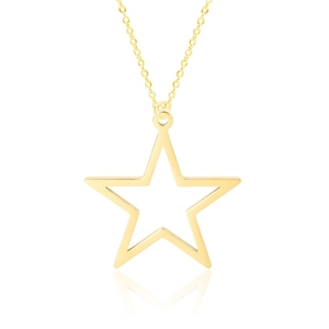 Macro shot of 18k gold plated hollow star pendant with shiny mirror finish and fine chain