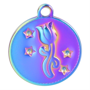 Pendentif rond en acier inoxydable irisé avec tulipe et étoiles sur fond blanc