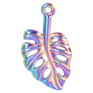 Pendentif feuille de monstera évidée en acier inoxydable arc-en-ciel pour bijoux DIY