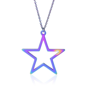 Macro shot of iridescent rainbow pentagram hollow star pendant on polished steel chain