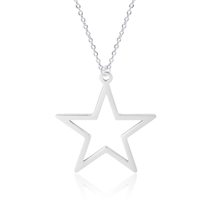 Detail of a minimalist silver pentagram star pendant necklace with mirror polished finish