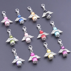 Detailed set of 12 colorful pearl angel wing charms with metal lobster clasps