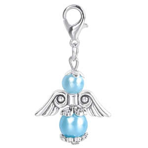 Detail of blue pearl angel pendant with silver wings and lobster clasp for DIY gifts