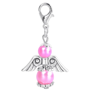 Detailed view of angel wing pendant with pink pearls and silver lobster clasp