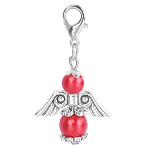 Detail of red bead angel charm with silver wings and lobster clasp for gift favors