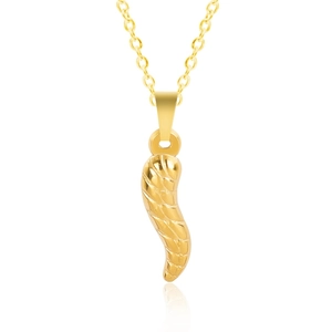 Close-up of golden stainless steel Italian horn pendant with spiral texture and chain