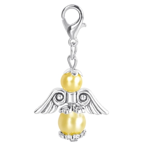 Detailed view of silver angel wing charm with yellow pearls and a lobster clasp
