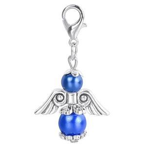 Detailed view of a blue pearl guardian angel charm with silver wings and lobster clasp
