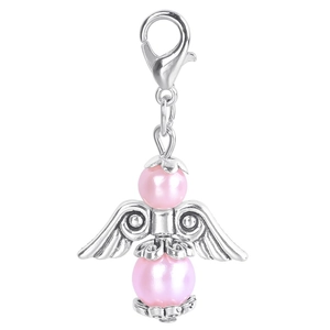 Detailed view of a pink angel charm with silver wings and a secure lobster clasp