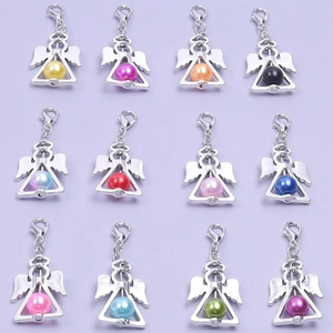 Set of 12 silver angel wing charms with colorful pearl accents and lobster clasps