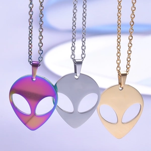Rainbow, silver and gold 18K gold-plated stainless steel alien head pendant necklaces