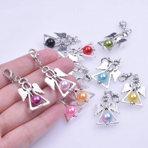 Silver guardian angel wing pendant with colorful pearls and lobster clasp charms