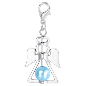 Detailed view of angel wing pendant with light blue pearl inlay and lobster clasp