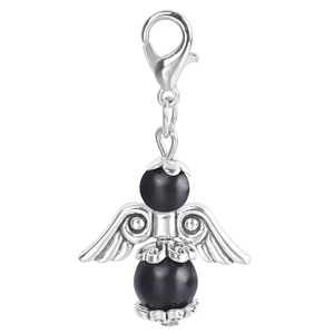 Detailed view of angel wing charm with black beads and silver lobster clasp for gifts