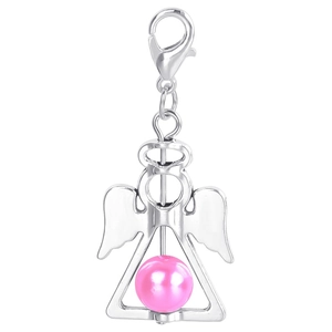 Detail of silver angel wing pendant with a large pink bead and lobster clasp connector