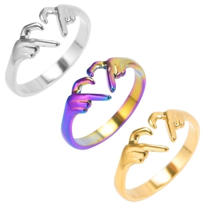 Heart Gesture Stainless Steel Ring Women Adjustable Minimalist Gold Silver Rainbow Finger Jewelry Daily Party Dating Gift