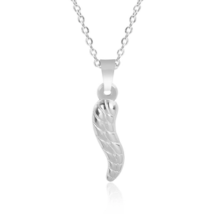 Macro detail of silver stainless steel Cornicello chili pendant with spiral texture engraving