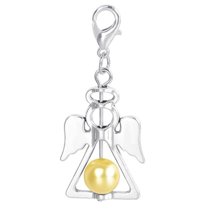 Detail of silver angel wing pendant with golden pearl and metal lobster clasp charm