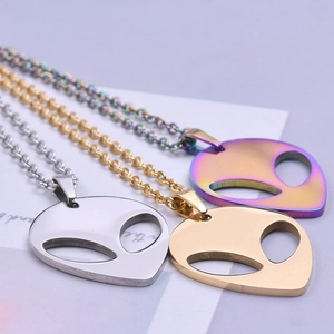 Polished 18K gold and silver stainless steel alien head pendant necklaces in three colors