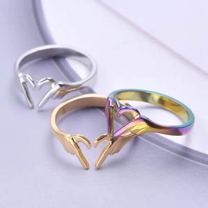 Minimalist hand gesture heart stainless steel open rings in gold, silver and rainbow finish