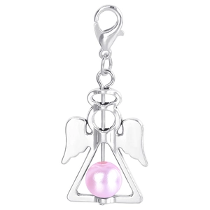 Detail of silver angel wing pendant with pink pearl bead and lobster clasp gift