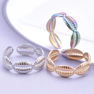 Shell-shaped adjustable titanium steel rings in gold, silver, and rainbow colors