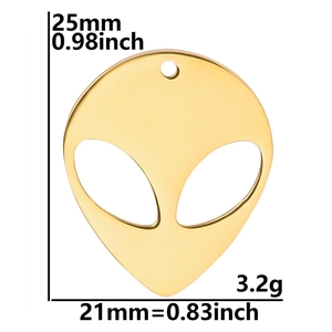 Macro view of 18K gold-plated alien head pendant showing 25mm height and 21mm width