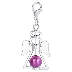 Detailed view of silver angel wing pendant with purple pearl bead and lobster clasp buckle