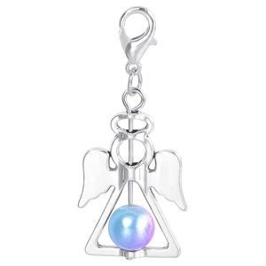 Close-up of silver angel wing pendant with iridescent pearl bead and lobster clasp detail