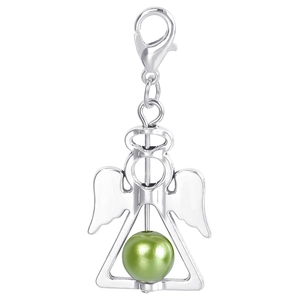 Detail of silver angel wing pendant charm with green pearl bead and lobster clasp