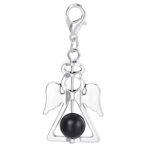 Close-up of silver angel wing charm with a black bead and a secure lobster clasp