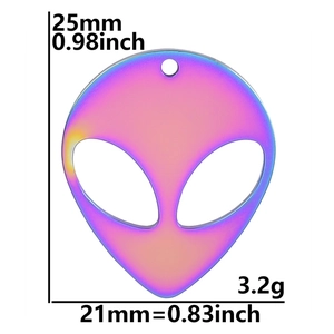 Rainbow gradient alien head pendant detail with dimensions 25mm length and 21mm width