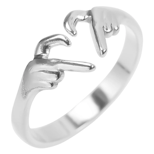 Macro detail of silver stainless steel open ring featuring a unique pointing hands design