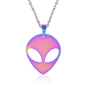 Rainbow gradient alien head hollow pendant necklace in polished stainless steel