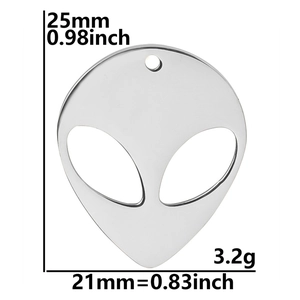 Polished stainless steel alien pendant detail with dimensions 25mm height and 21mm width