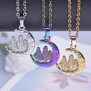 Minimalist stainless steel moon and forest pendant necklace in gold silver and rainbow